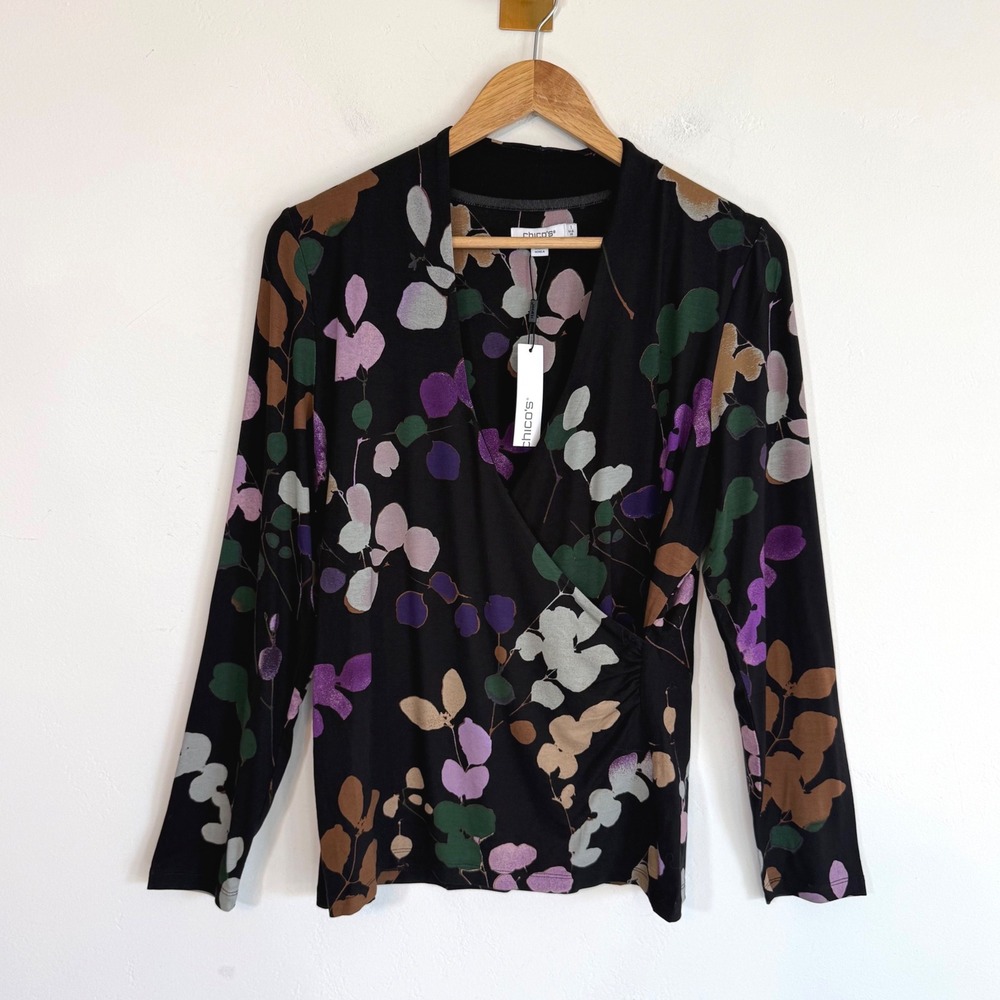Chico's NWT Moody Floral Faux Wrap Top Size 1 M Whimsygoth Romantic Long Sleeve